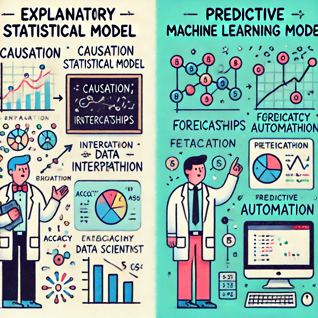 A cartoon image generated by Chat-GPT and Dall-E 3 about the differences between explanatory and predictive modelling. Many of the words are nonsensical and illustrate the error inherent in the modelling