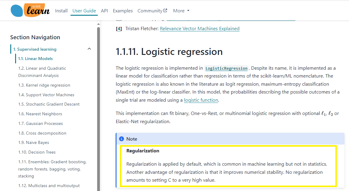 A screen shot form the scikit-learn package documentation explaining that logistic regression uses 'regularization' in this package.  The mean the coefficients, degrees of freedom and there for the error are penalized too, and you can't simply read them the same as an unpenalized model.